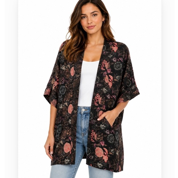 next Tops - Next Floral Kimono Wrap Women 14 Black Pink Pintuck Open Front Cardigan